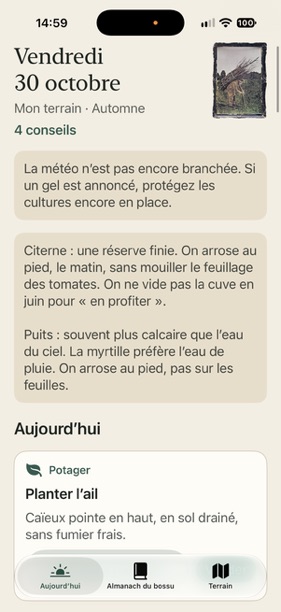Accueil de l’Almanach du bossu avec la date, des conseils sur l’eau et une tâche de plantation d’ail.