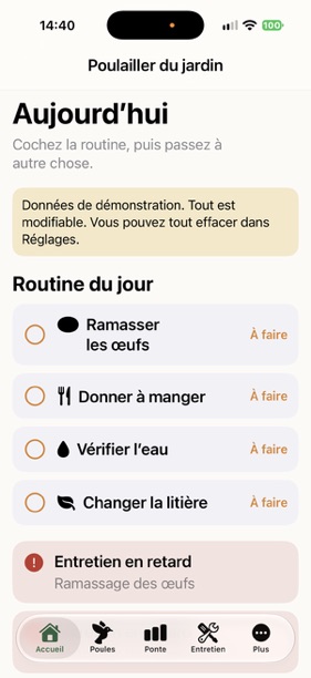 Écran Aujourd’hui de ChickenGest : tâches quotidiennes et entretien en retard.