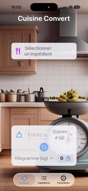 Écran Convertir de Cuisine Convert avec sélection d’un ingrédient, saisie de la quantité et choix des unités.