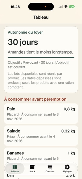 Tableau FoodGest présentant le principe du calcul d’autonomie et l’ajout d’un premier produit.