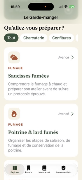 Écran Explorer du Garde-manger : catégories et guides pour les saucisses et la poitrine fumées.