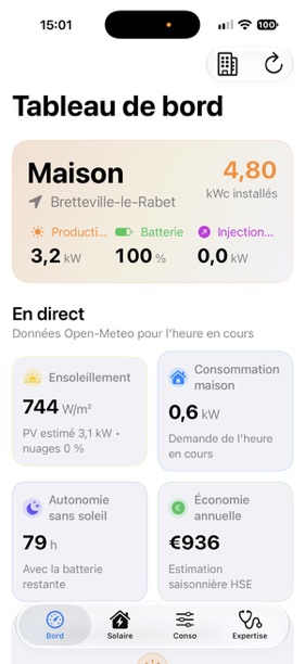 Tableau de bord PhotoVolt présentant une installation, l’ensoleillement, la consommation et des estimations d’autonomie et d’économies.